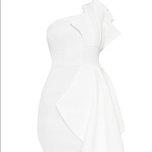 PrettyLittleThing White One Shoulder Pleated Detail Midi Dress